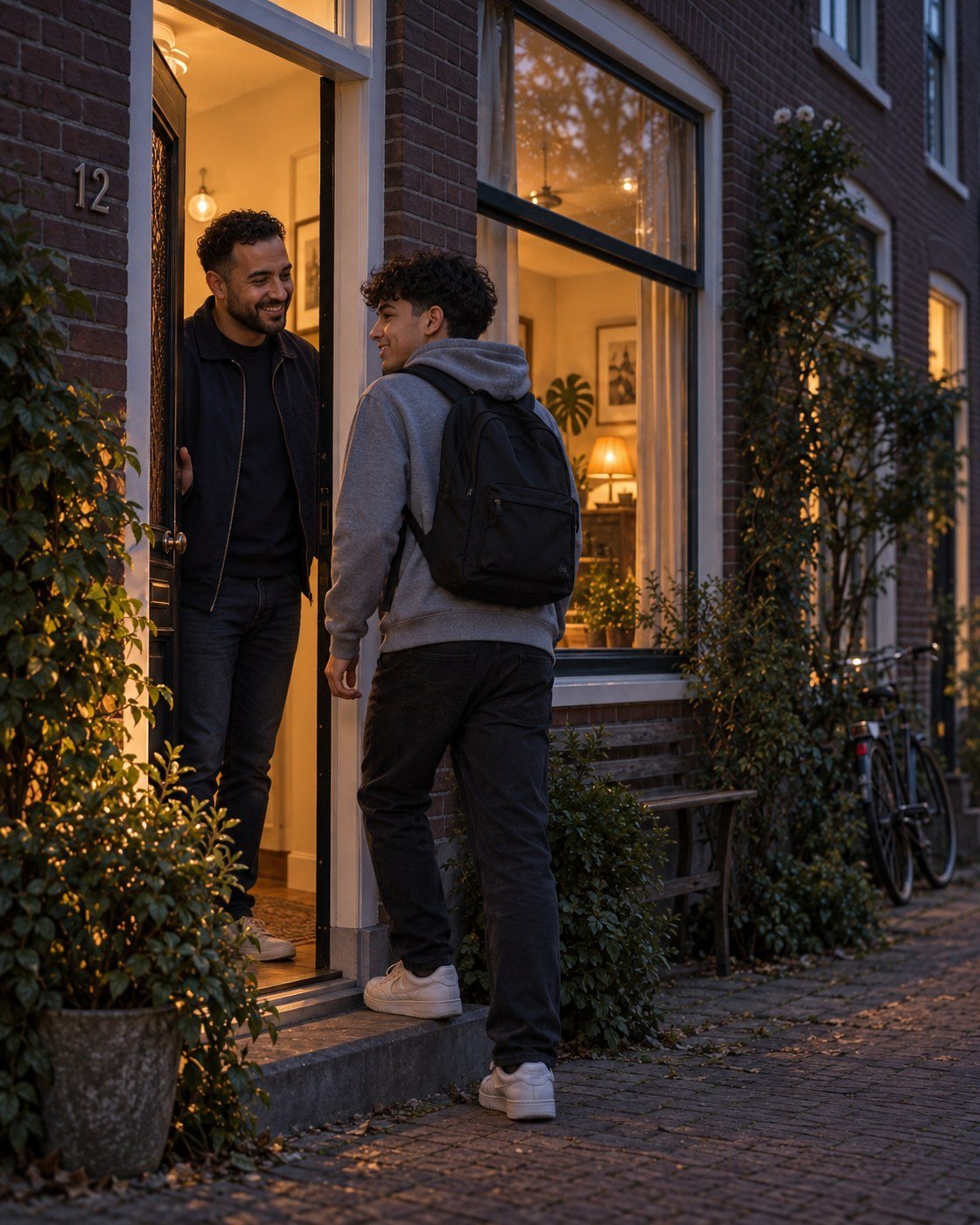 Een begeleider verwelkomt een jongere bij de voordeur van een woonvoorziening