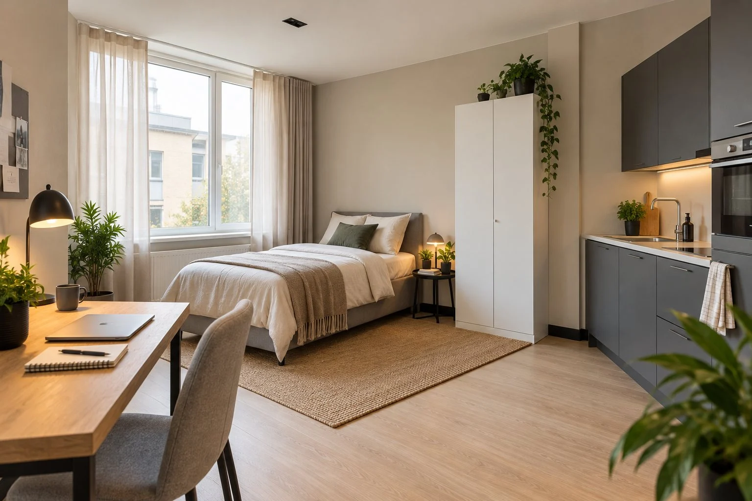 Een lichte studio met een bed, een bureau en een kleine keuken