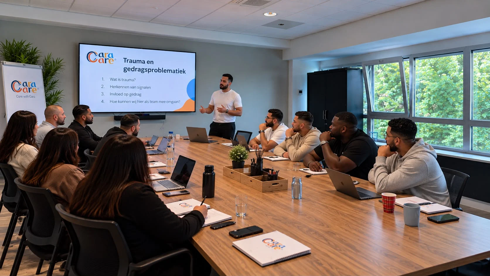 Het team van Cara Care tijdens een training over trauma en gedragsproblematiek
