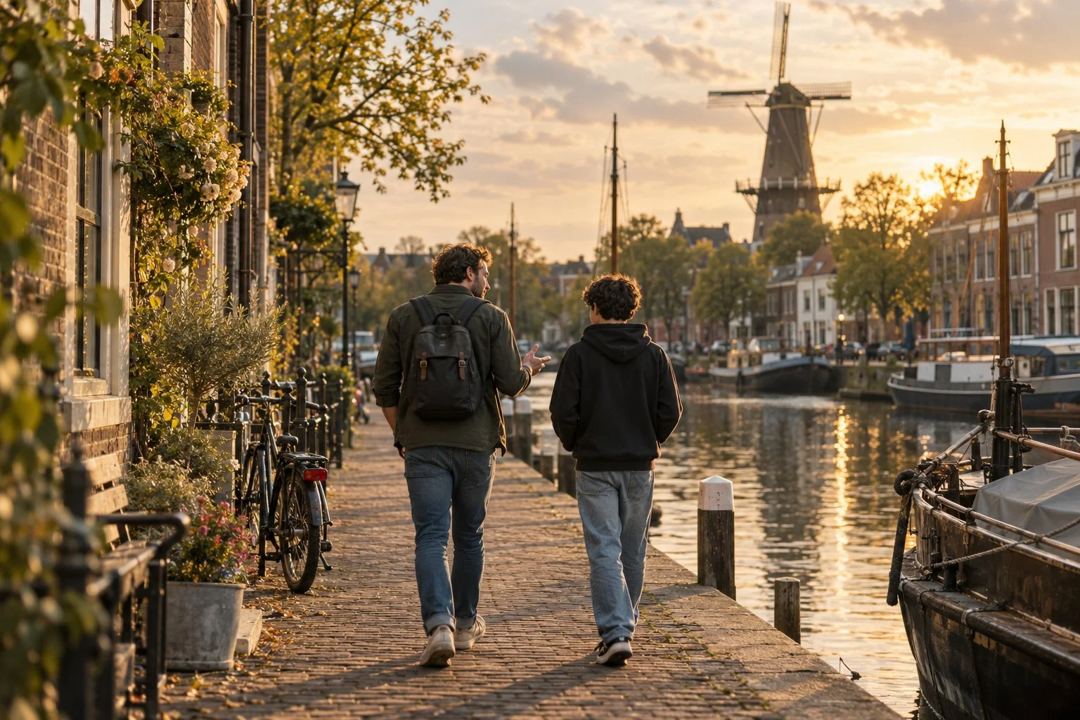 Een begeleider en een jongere lopen samen langs een gracht in Schiedam
