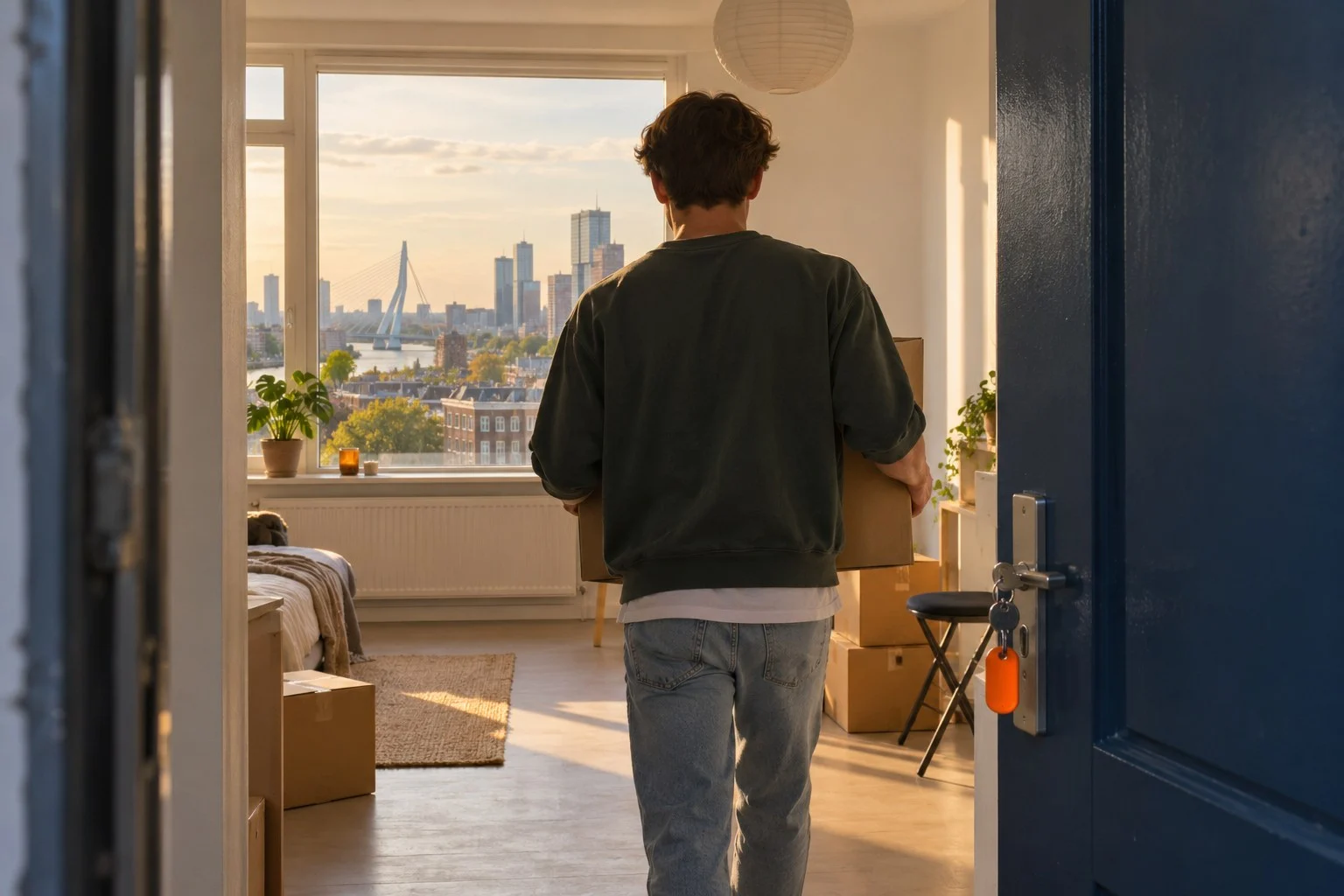 Een jongere draagt een verhuisdoos zijn eigen woning in, met uitzicht op Rotterdam