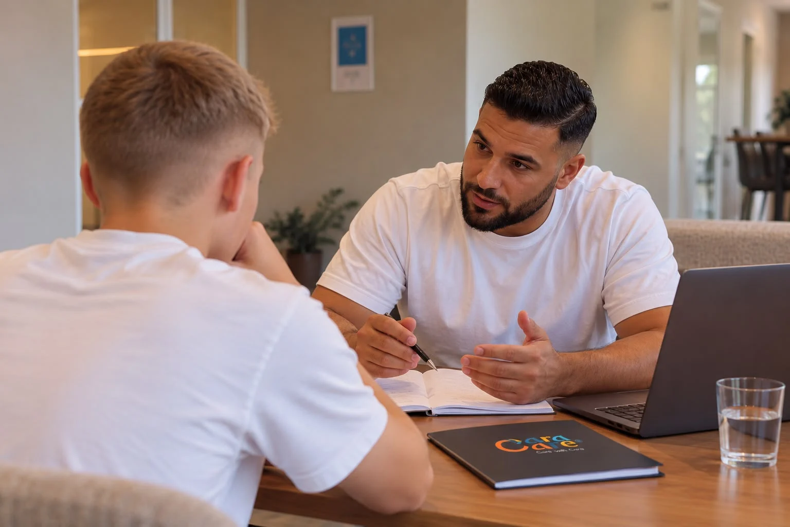 Een begeleider van Cara Care bespreekt de vervolgstap met een jongere aan tafel