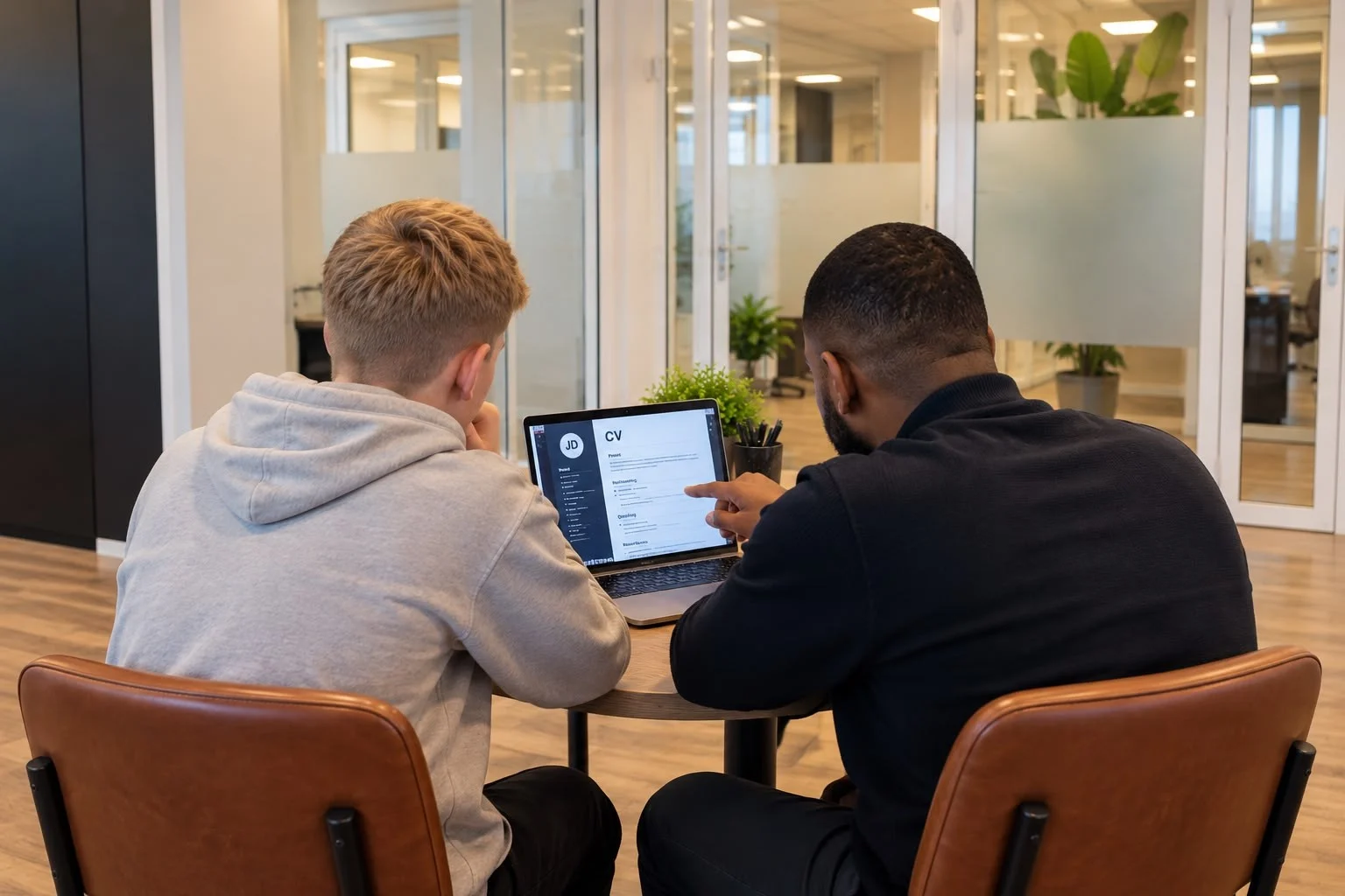 Een begeleider helpt een jongere aan tafel met zijn cv op de laptop